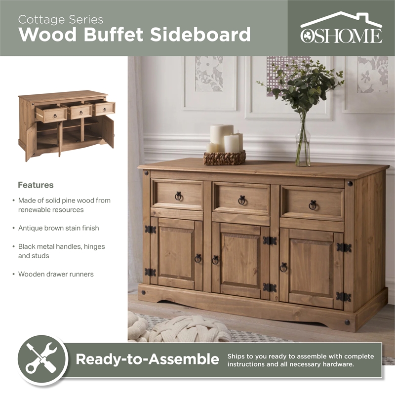 OS Home and Office Furniture Cottage Series Wood Buffet Sideboard in  Brown