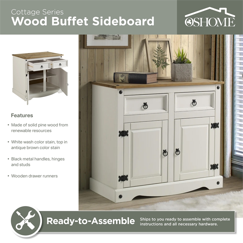 OS Home and Office Furniture Cottage Series Wood Buffet Sideboard in White