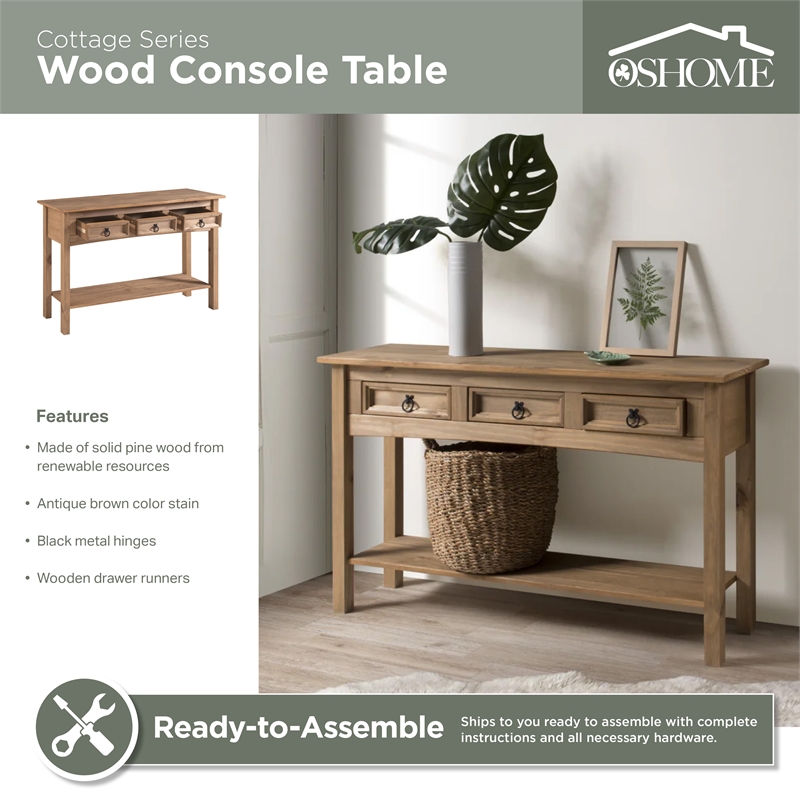 OS Home and Office Furniture Cottage Series Wood Hall Table Console in Brown