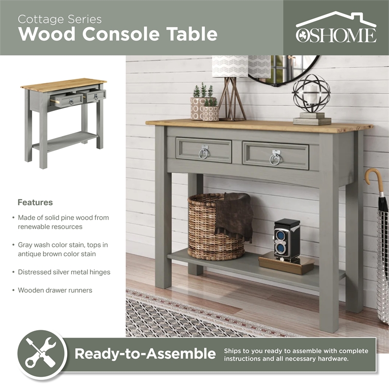 OS Home and Office Furniture Cottage Series Solid Wood Hall Table in Gray