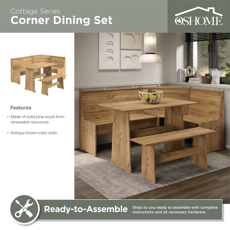 OS Home and Office Furniture Solid Pine Corner Dining Booth in Brown