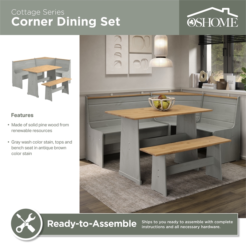 OS Home and Office Furniture Solid Pine Corner Dining Booth in Gray