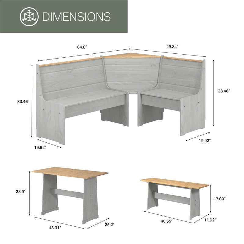 OS Home and Office Furniture Solid Pine Corner Dining Booth in Gray