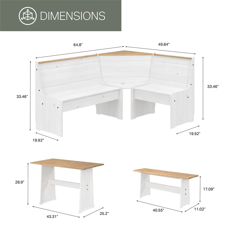 OS Home and Office Furniture Solid Pine Corner Dining Booth in White