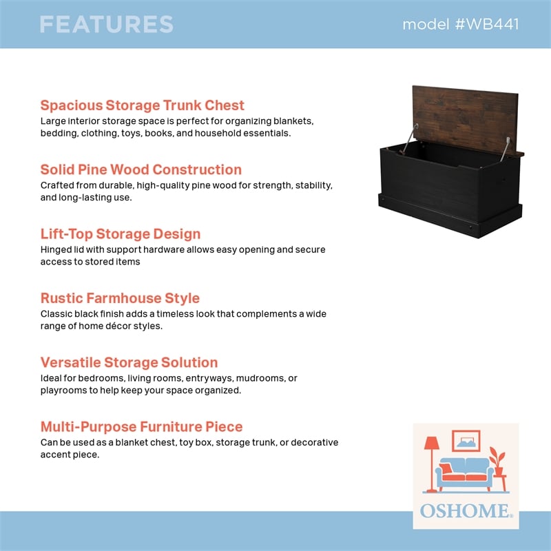 Solid Pine Farmhouse Storage/Blanket Trunk Chest in Harvest Black and Brown