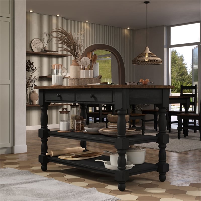 Solid Pine Farmhouse Kitchen Island/Prep Table in Harvest Black and Brown