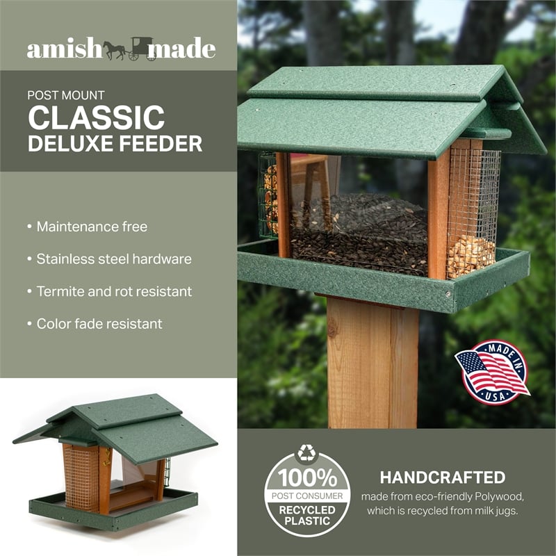 Classic Deluxe Bird Feeder made with HDPE in Green and Tudor Brown