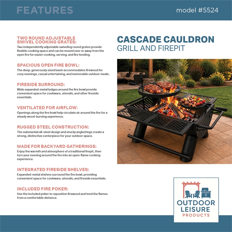 Outdoor Leisure Products Cascade Cauldron Black Steel Wood Burning Fire Pit & Grill