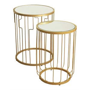 homepop modern metal accent table with round mirror top in gold (set of 2)