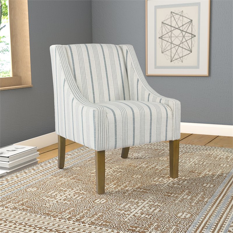 HomePop Traditional Wood and Fabric Stripe Pattern Swoop Accent Chair in Blue