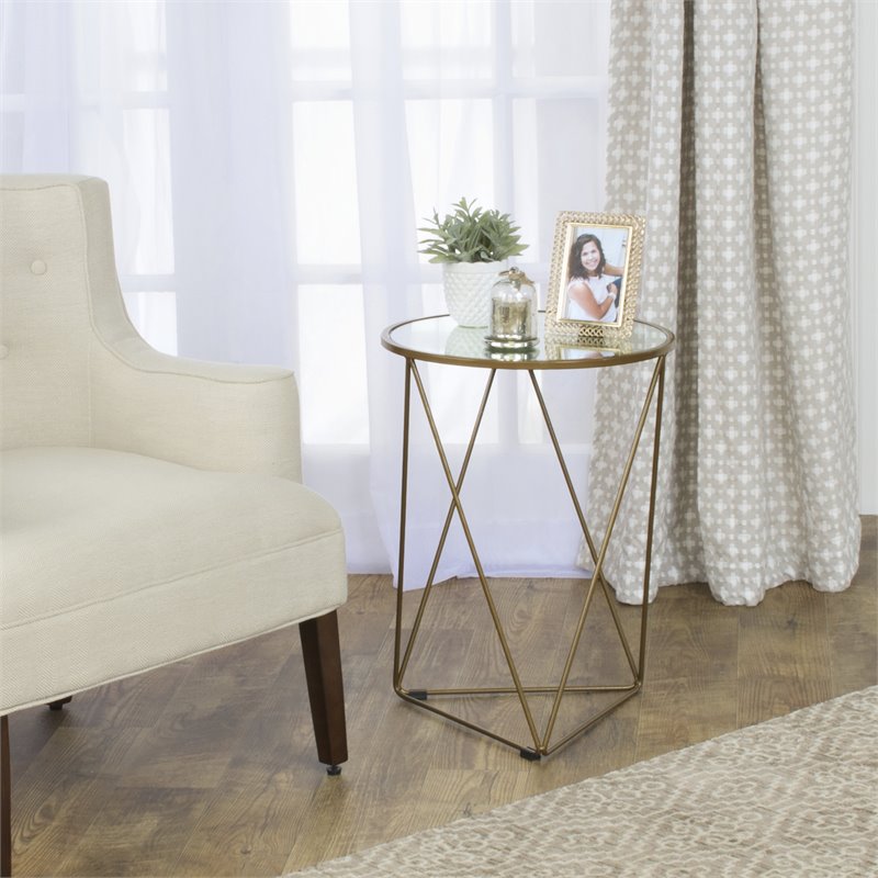 HomePop Triangle Modern Metal Accent Table with Round Mirror Top in Gold