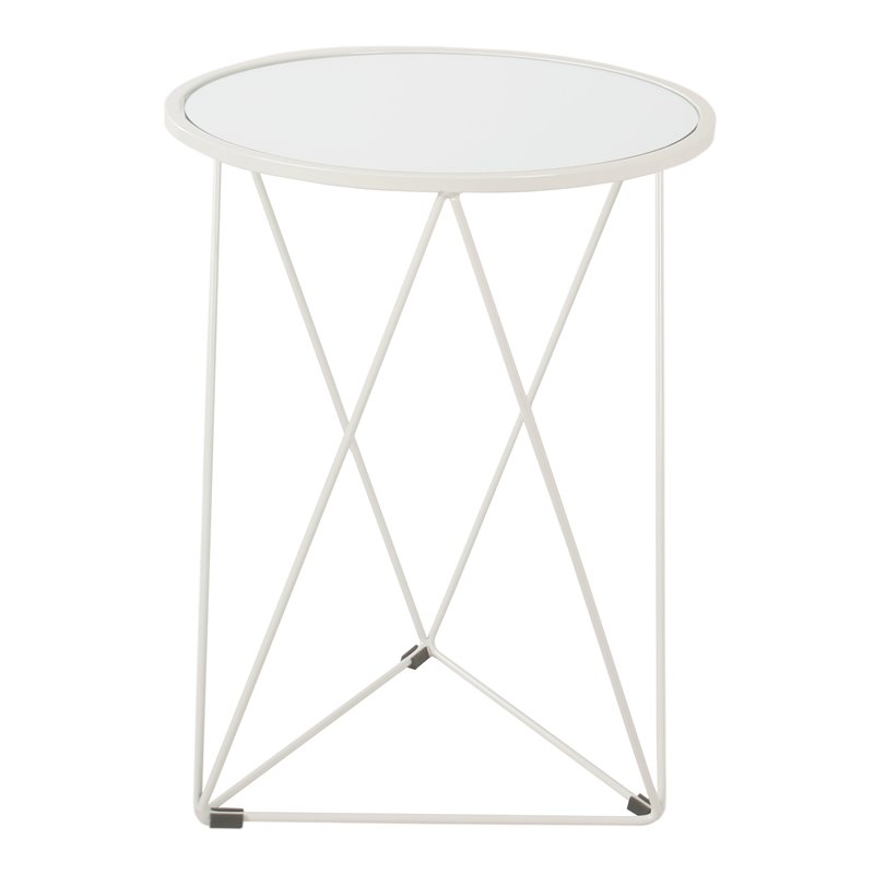 HomePop Triangle Modern Metal Accent Table with Round Mirror Top in White