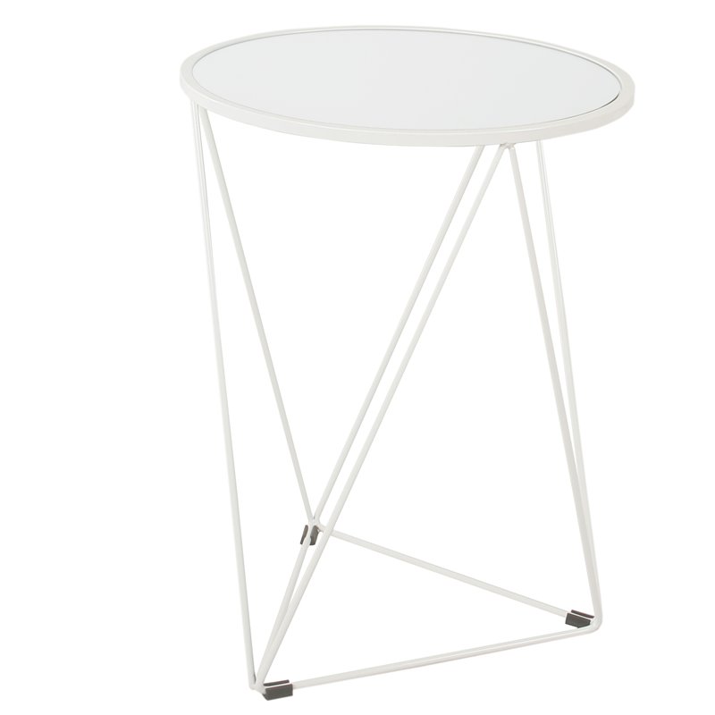 HomePop Triangle Modern Metal Accent Table with Round Mirror Top in White