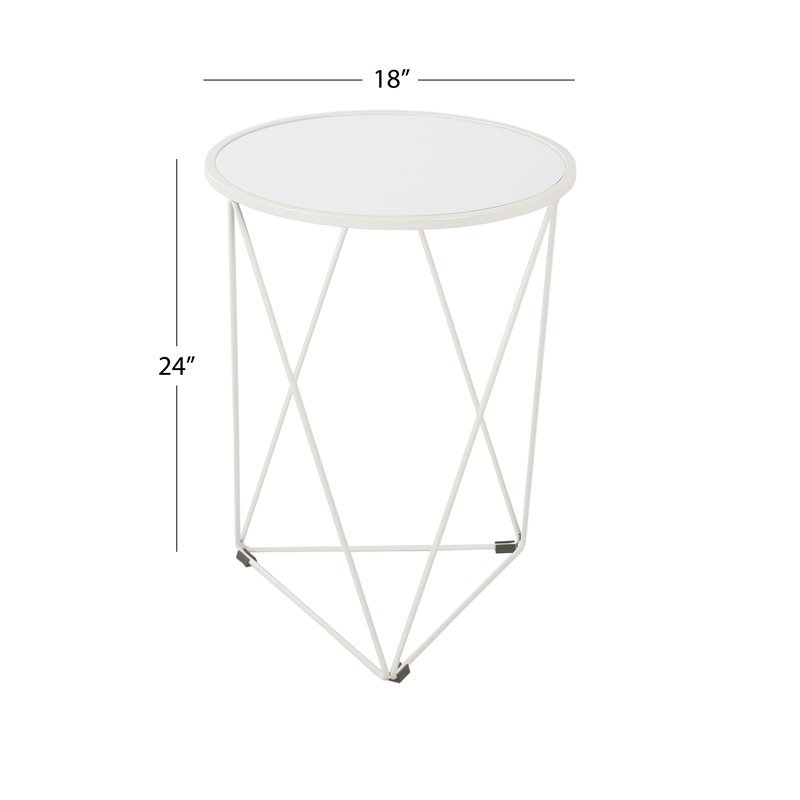 HomePop Triangle Modern Metal Accent Table with Round Mirror Top in White