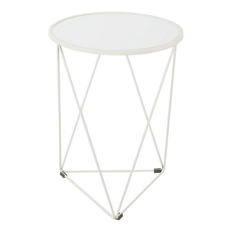 HomePop Triangle Modern Metal Accent Table with Round Mirror Top in White