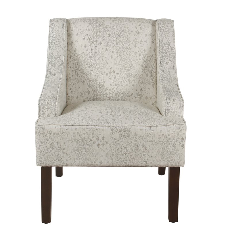 HomePop Traditional Wood and Fabric Swoop Arm Accent Chair in Cream/Gray