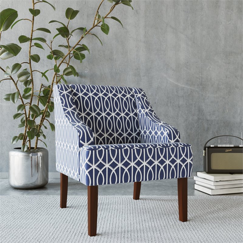 HomePop Bella Wood and Cotton Trellis Pattern Swoop Arm Accent Chair in Blue