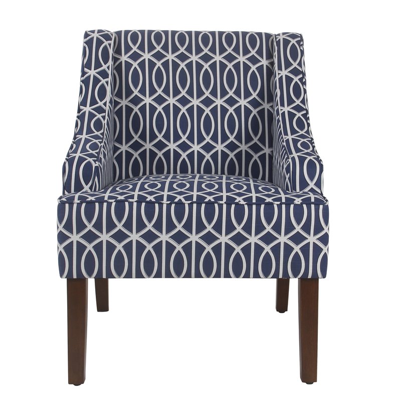 HomePop Bella Wood and Cotton Trellis Pattern Swoop Arm Accent Chair in Blue