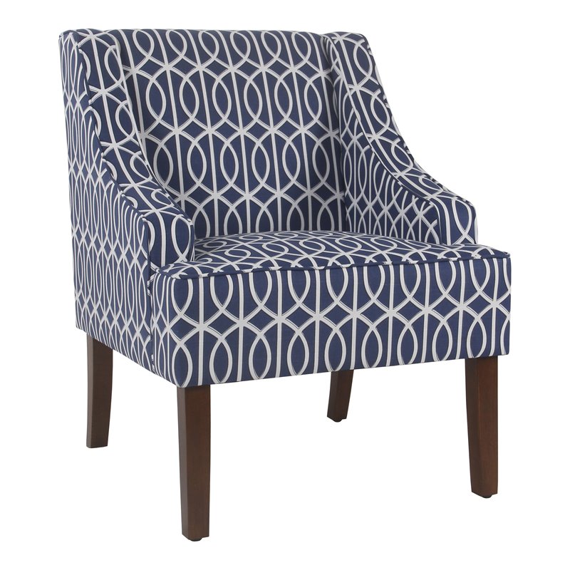 HomePop Bella Wood and Cotton Trellis Pattern Swoop Arm Accent Chair in Blue