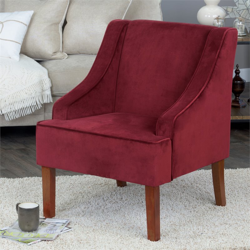 HomePop Traditional Wood and Velvet Swoop Arm Accent Chair in Red