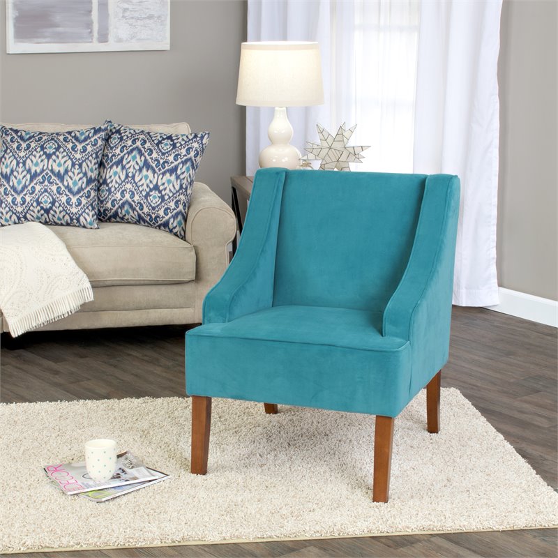 HomePop Traditional Wood and Velvet Swoop Arm Accent Chair in Blue