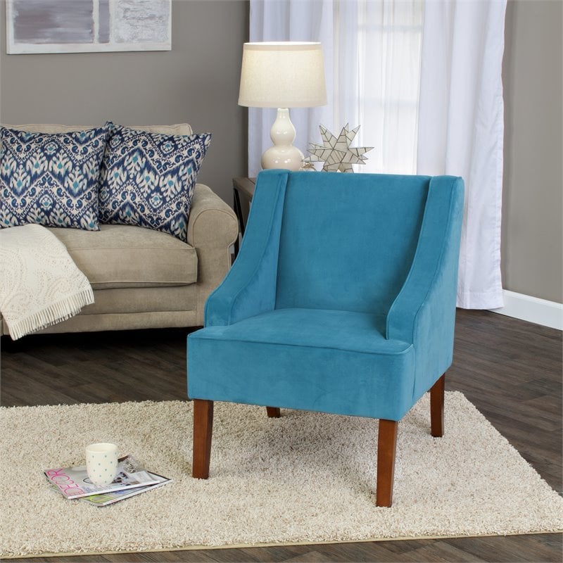 HomePop Traditional Wood and Velvet Swoop Arm Accent Chair in Blue