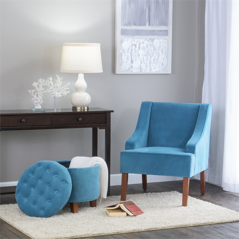 HomePop Traditional Wood and Velvet Swoop Arm Accent Chair in Blue