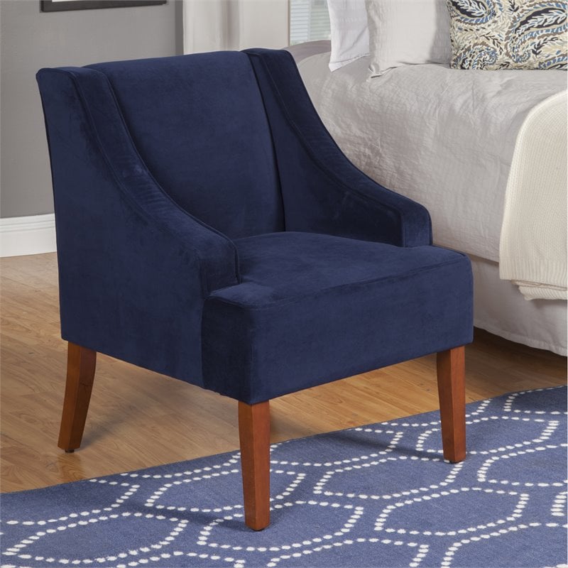 HomePop Traditional Wood and Velvet Swoop Arm Accent Chair in Dark Blue