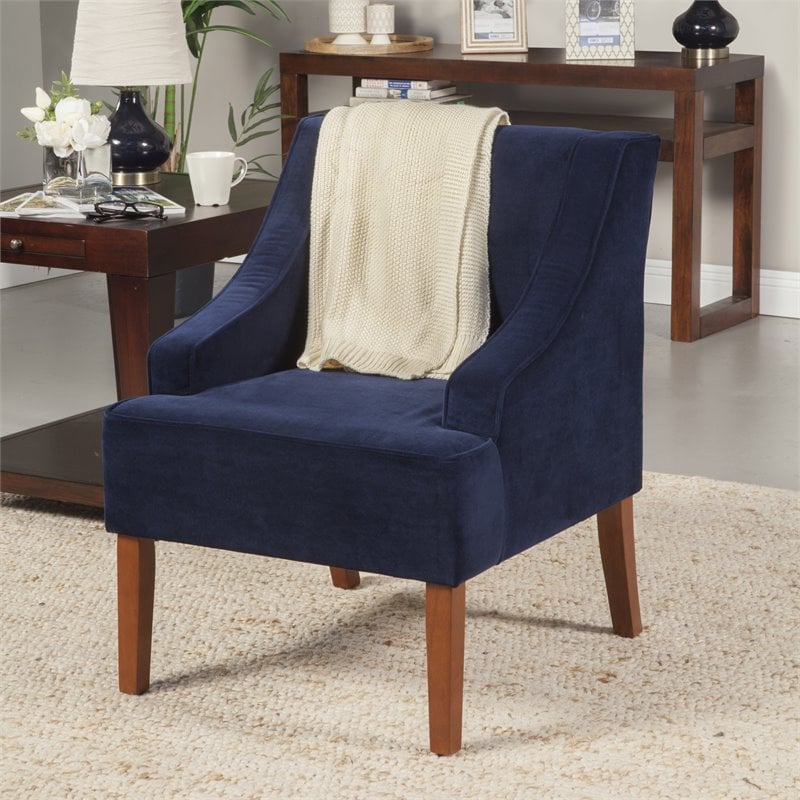 HomePop Traditional Wood and Velvet Swoop Arm Accent Chair in Dark Blue