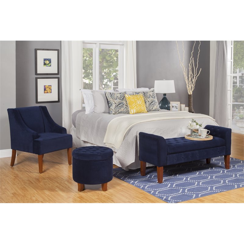 HomePop Traditional Wood and Velvet Swoop Arm Accent Chair in Dark Blue