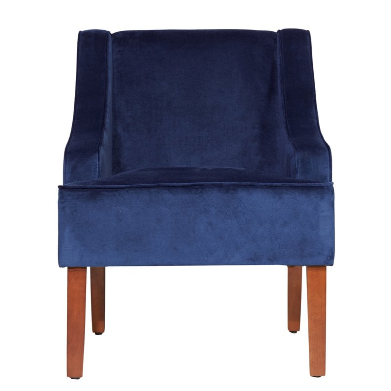 HomePop Traditional Wood and Velvet Swoop Arm Accent Chair in Dark Blue
