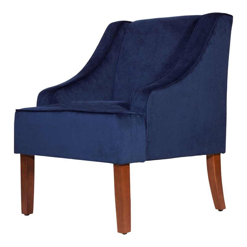 HomePop Traditional Wood and Velvet Swoop Arm Accent Chair in Dark Blue