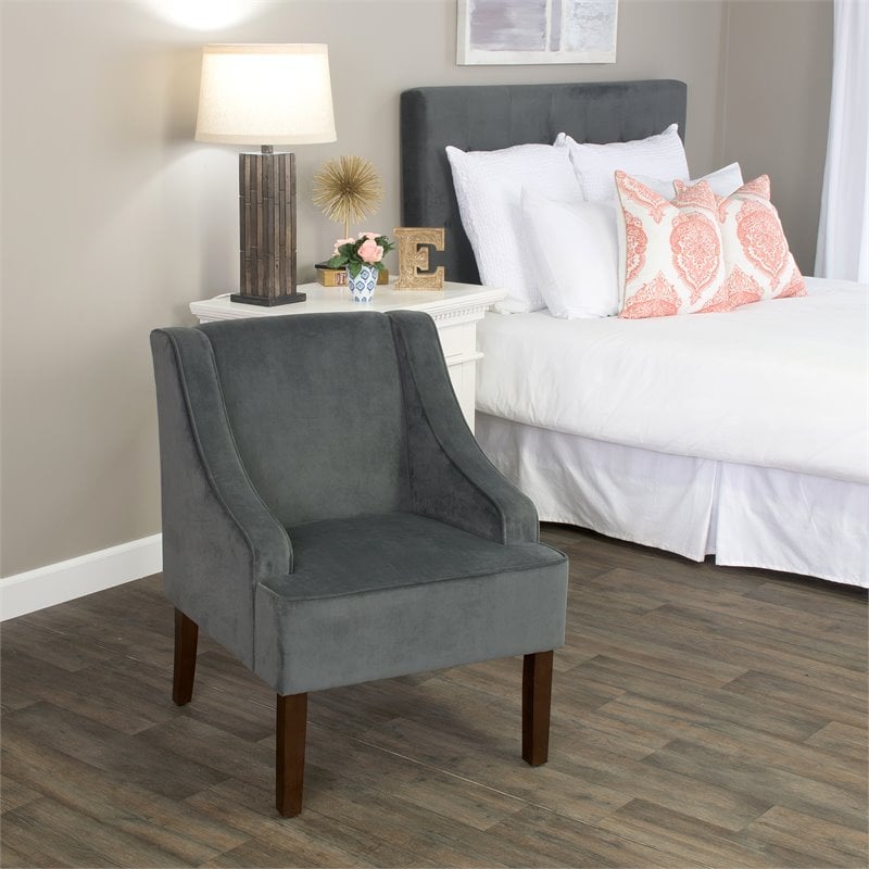HomePop Traditional Wood and Velvet Swoop Arm Accent Chair in Dark Gray