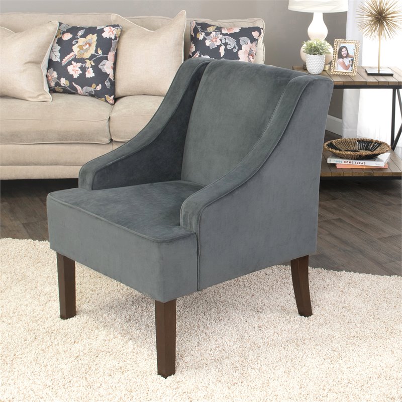 HomePop Traditional Wood and Velvet Swoop Arm Accent Chair in Dark Gray