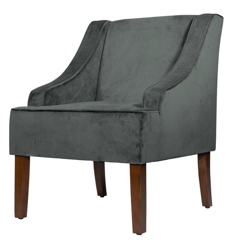 HomePop Traditional Wood and Velvet Swoop Arm Accent Chair in Dark Gray