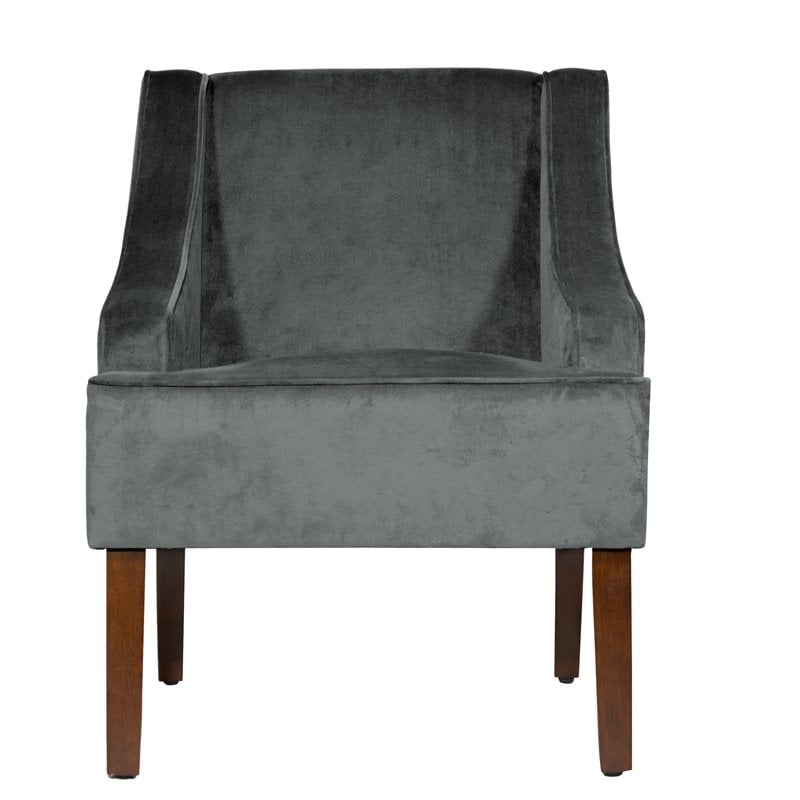 HomePop Traditional Wood and Velvet Swoop Arm Accent Chair in Dark Gray