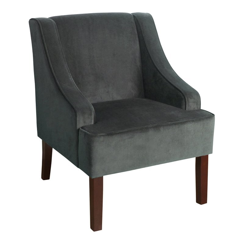 HomePop Traditional Wood and Velvet Swoop Arm Accent Chair in Dark Gray
