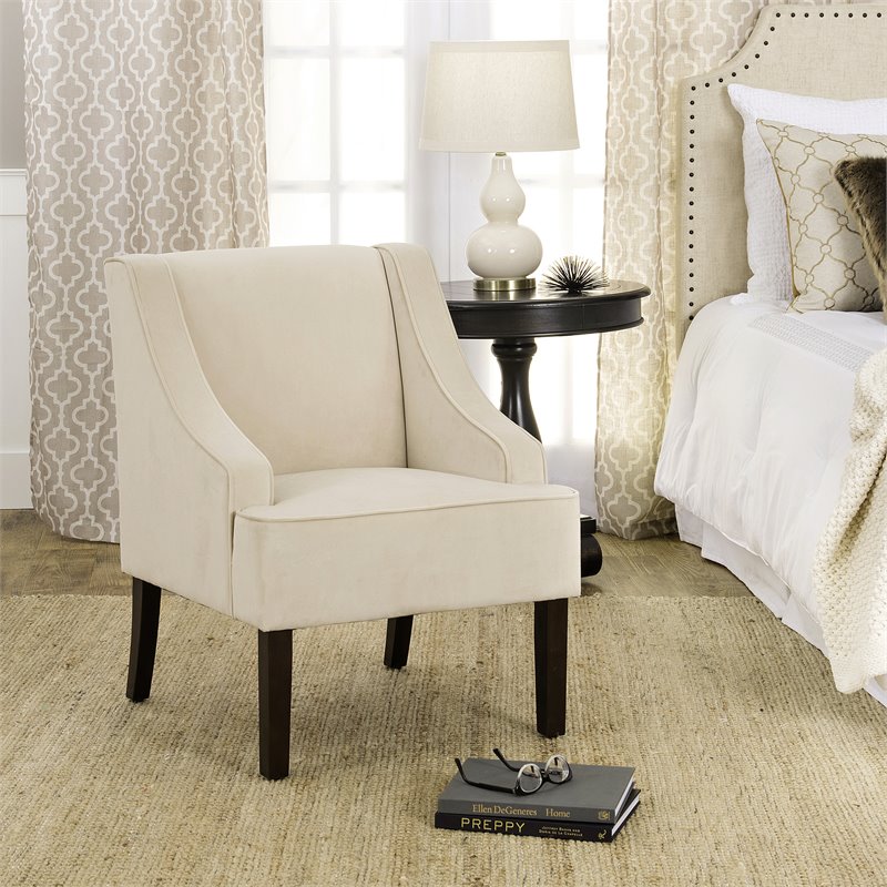 HomePop Traditional Wood and Velvet Swoop Arm Accent Chair in Cream