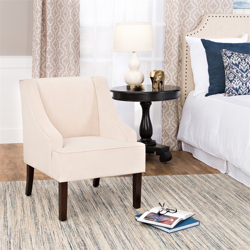HomePop Traditional Wood and Velvet Swoop Arm Accent Chair in Cream