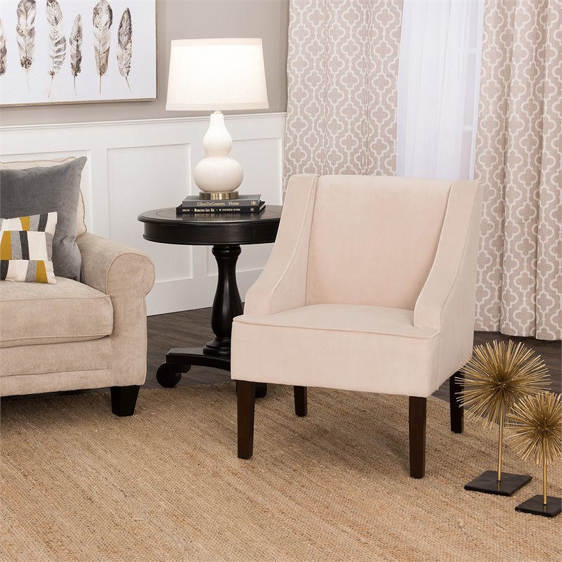HomePop Traditional Wood and Velvet Swoop Arm Accent Chair in Cream
