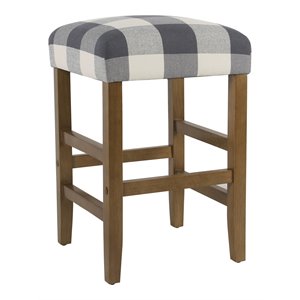 HomePop 24.5&quot Square Wood and Fabric Plaid Pattern Counter Stool in Blue