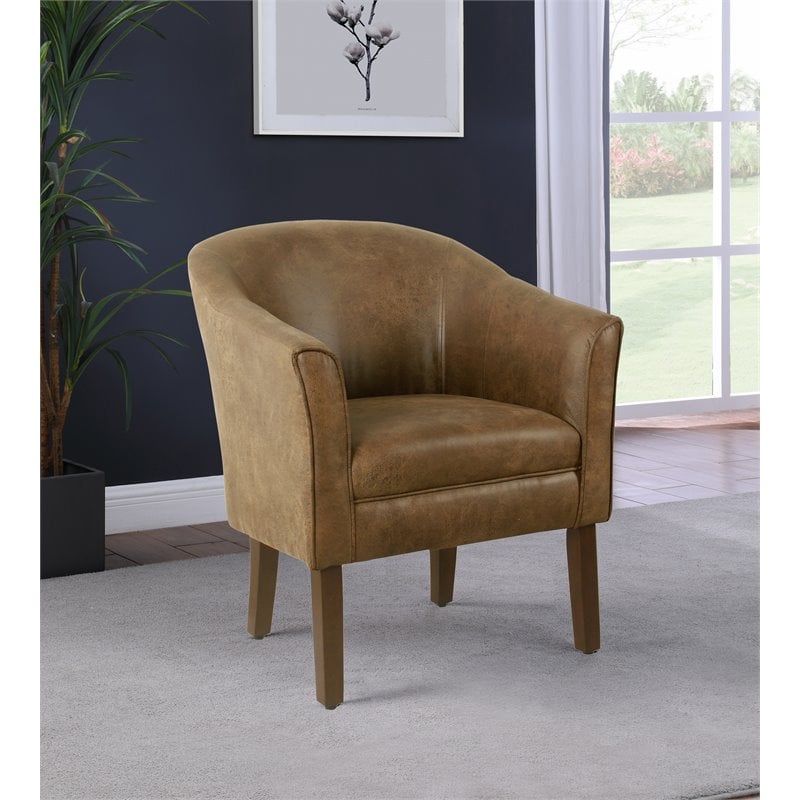 HomePop Transitional Wood and Faux Leather Barrel Accent Chair in Brown