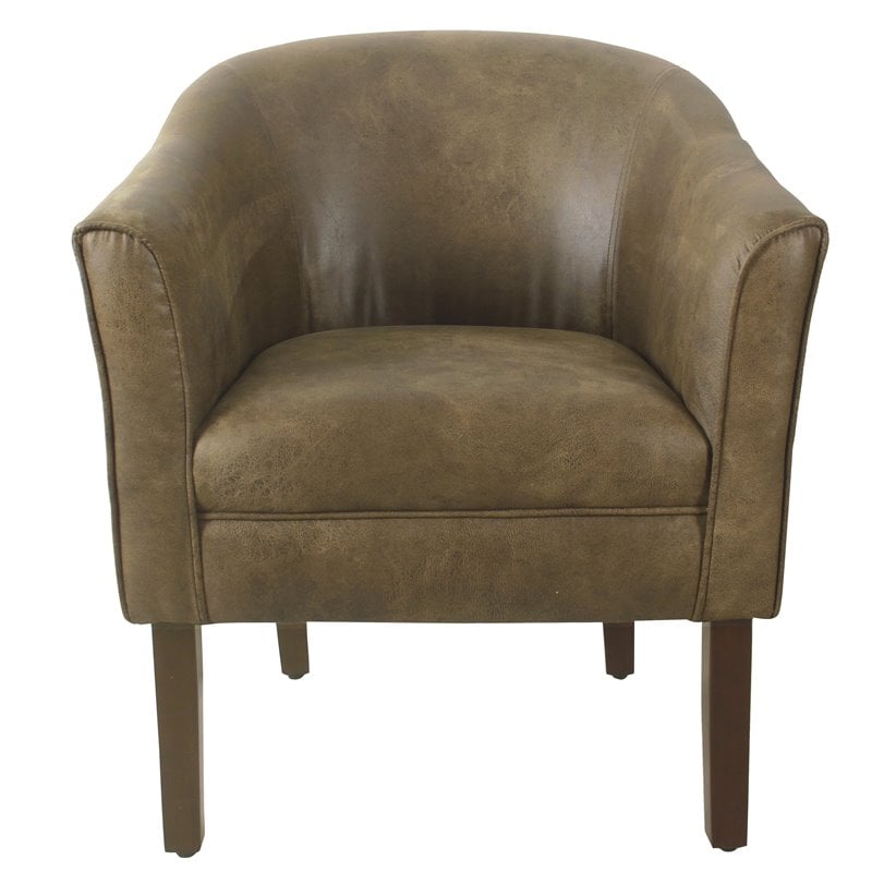 HomePop Transitional Wood and Faux Leather Barrel Accent Chair in Brown