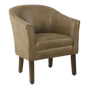 homepop transitional wood and faux leather barrel accent chair in brown