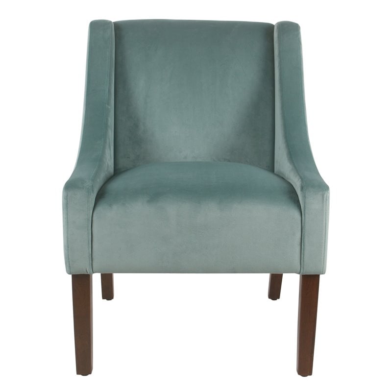 HomePop Traditional Wood and Velvet Swoop Arm Accent Chair in Aqua Blue