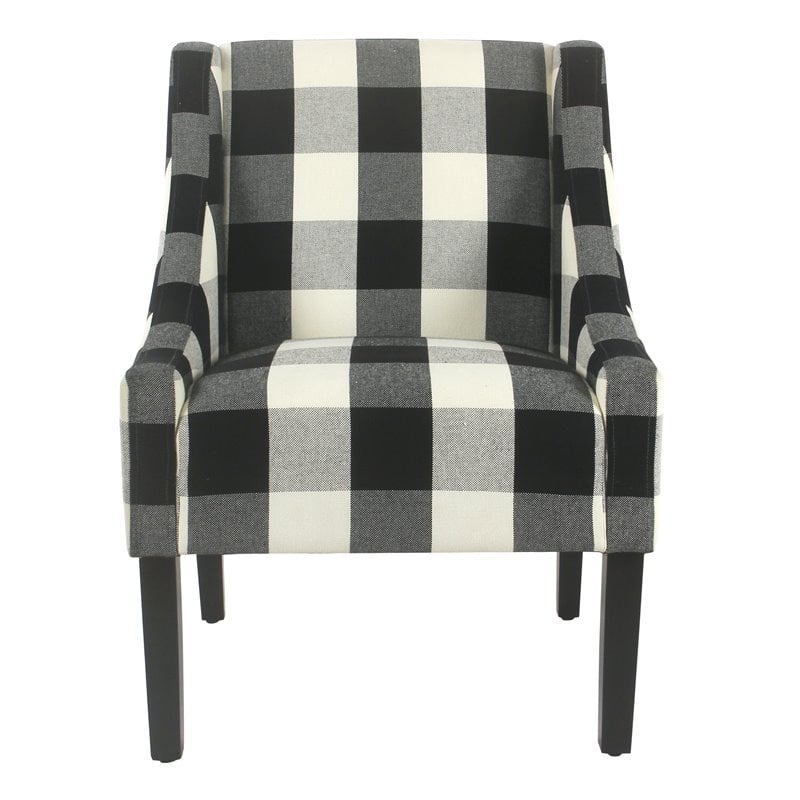 HomePop Wood and Fabric Plaid Pattern Swoop Arm Accent Chair in Black