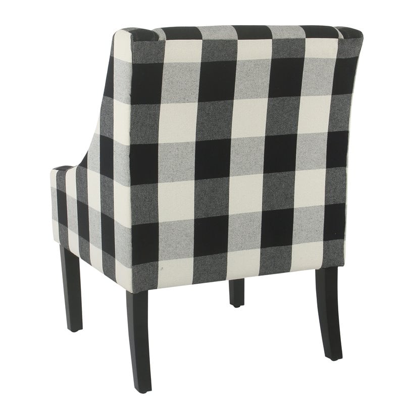 HomePop Wood and Fabric Plaid Pattern Swoop Arm Accent Chair in Black
