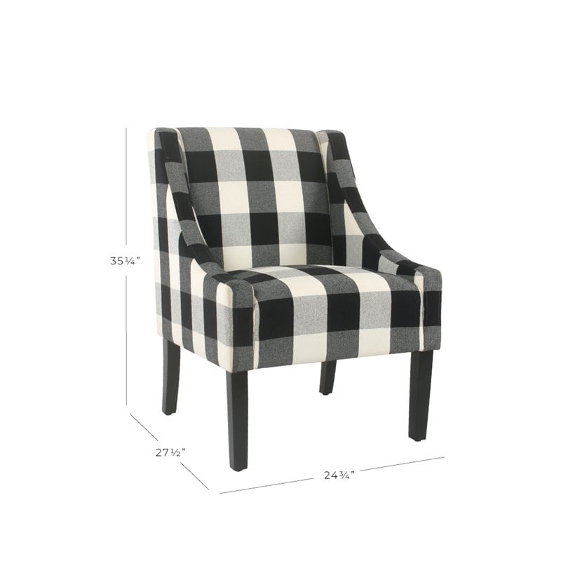 HomePop Wood and Fabric Plaid Pattern Swoop Arm Accent Chair in Black