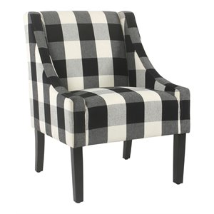 homepop wood and fabric plaid pattern swoop arm accent chair in black