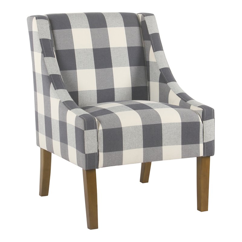 HomePop Wood and Fabric Plaid Pattern Swoop Arm Accent Chair in Blue
